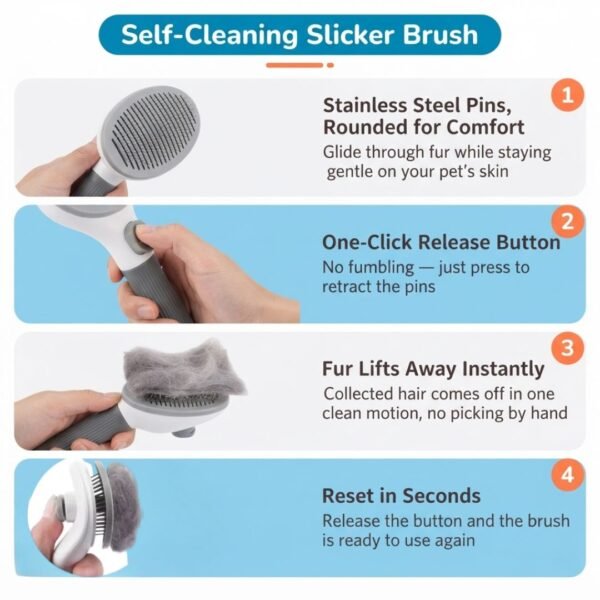 Self-Cleaning Slicker Brush for Cats & Dogs Product Self cleaning flow Self-Cleaning Slicker Brush for Cats & Dogs Product Self cleaning flow Petzvibes.com