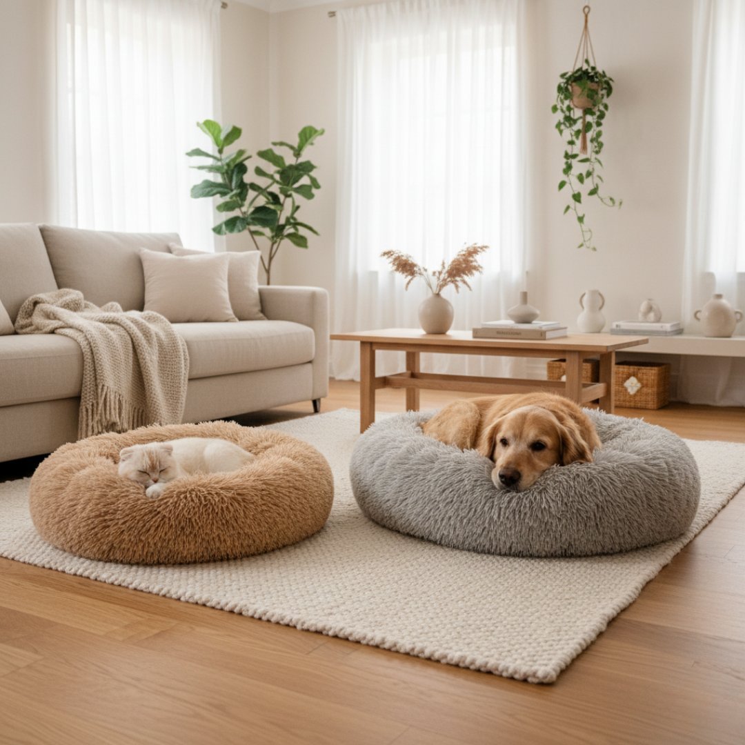 Calming donut pet beds in small and large sizes with cat and dog in a cozy Scandinavian interior — PetzVibes