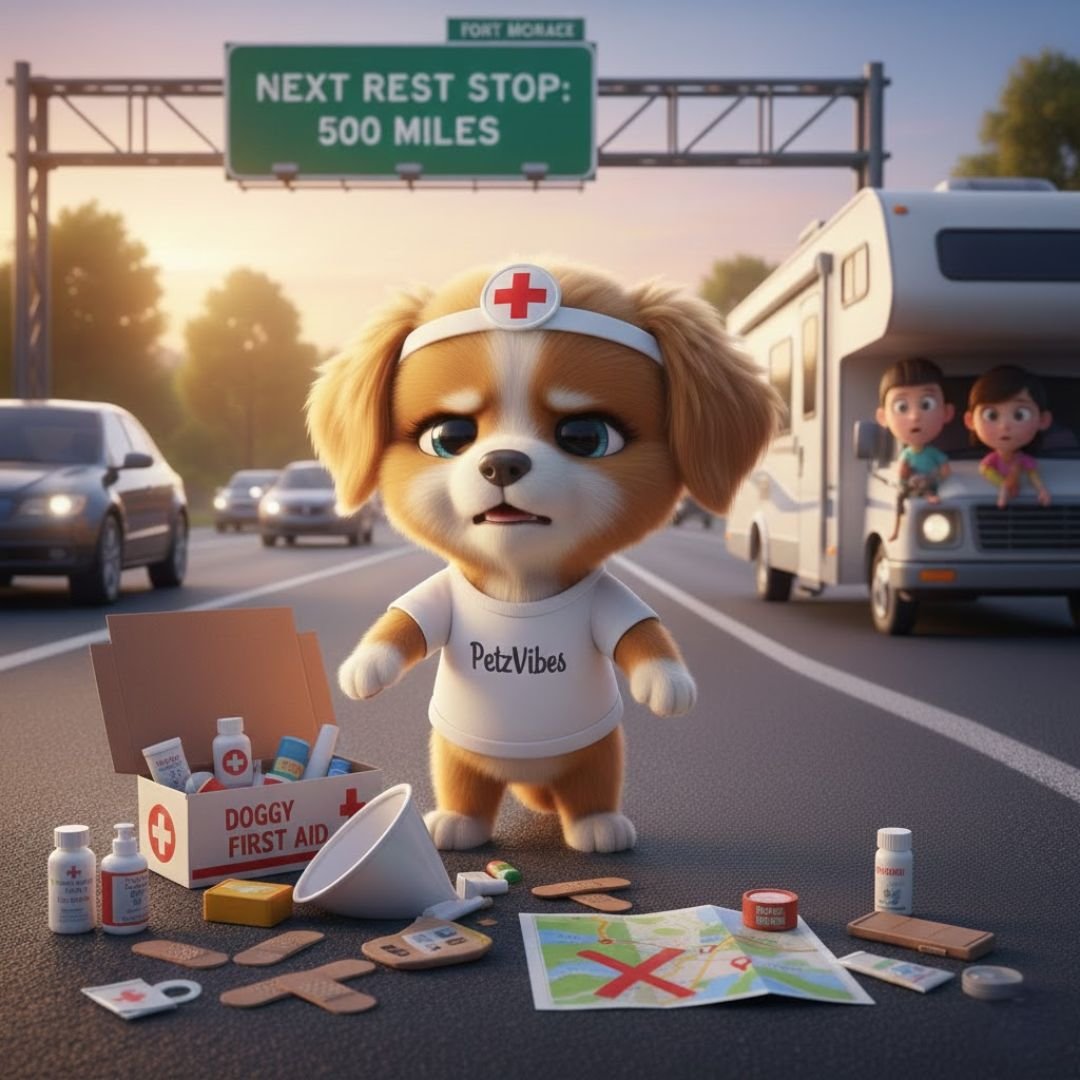 dog road trip essential with vibo in the middle of the road