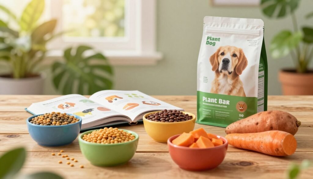 A vibrant collection of plant-based canine nutrition essentials is thoughtfully arranged on a clean, rustic wooden surface. In the foreground, colorful bowls filled with various dog-friendly ingredients like lentils, sweet potatoes, and carrots are showcased, emanating freshness. In the middle ground, an open book featuring an illustrated guide on vegan dog nutrition lies beside a plant-based dog food pack, emphasizing the informative aspect of the image. The background is softly blurred, featuring green leafy plants that evoke a natural and healthy environment, creating a sense of tranquility. The lighting is warm and inviting, simulating afternoon sunlight filtering through a window, infusing the scene with an uplifting atmosphere perfect for pet owners seeking healthy choices for their dogs.