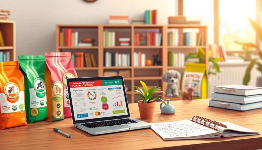 A visually appealing scene depicting a well-organized workspace dedicated to pet nutrition decisions and organic certifications. In the foreground, include a wooden desk with a variety of colorful organic pet food bags, some with clear certification labels prominently displayed. Beside them, a laptop opened to a detailed infographic about pet nutrition, featuring vibrant colors and charts. In the middle, add a small potted plant and a notepad filled with handwritten notes. In the background, softly lit shelves feature books on pet care and a large window with natural sunlight filtering in, creating a warm and inviting atmosphere. Use a slight depth of field to highlight the foreground items, ensuring the environment is professional and conducive to learning about pet health. The mood should be informative and encouraging, promoting confident decision-making about pet nutrition.