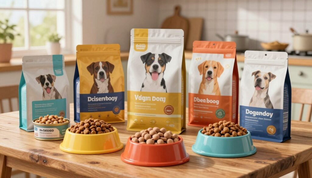 A visually engaging comparison of various vegan dog food brands displayed on a rustic wooden table. In the foreground, neatly arranged bowls of different types of vegan dog food, such as kibble, wet food, and raw blends, each with distinctive colors and textures. The middle ground showcases stylish packaging of popular vegan dog food brands, with unique logos and appealing designs. The background features a soft-focus, cozy kitchen setting with natural light streaming in from a nearby window, creating a warm and inviting atmosphere. The overall mood is one of health, vitality, and care for pets, emphasizing the nutritious and appealing nature of vegan dog food. The image should be bright and colorful, highlighting the various food options without any text or distractions.