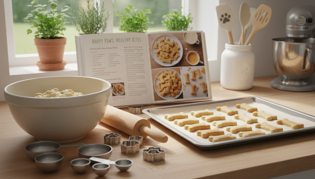 A bright and inviting kitchen workspace showcasing essential tools for making easy dog treat recipes. In the foreground, there are a variety of utensils including measuring cups, a mixing bowl, a rolling pin, cookie cutters in fun dog shapes, and a baking sheet lined with freshly made dog treats. In the middle ground, a cookbook is open to a dog treat recipe, with vibrant images of the baked goods. In the background, the kitchen features soft, natural lighting streaming in through a window, plants on the sill, and a tidy kitchen counter. The atmosphere is warm and playful, reflecting a dedicated space for creating delicious homemade treats for dogs. The scene should evoke a sense of joy and creativity while emphasizing the tools necessary for successful homemade dog treats. A bright and inviting kitchen workspace showcasing essential tools for making easy dog treat recipes. In the foreground, there are a variety of utensils including measuring cups, a mixing bowl, a rolling pin, cookie cutters in fun dog shapes, and a baking sheet lined with freshly made dog treats. In the middle ground, a cookbook is open to a dog treat recipe, with vibrant images of the baked goods. In the background, the kitchen features soft, natural lighting streaming in through a window, plants on the sill, and a tidy kitchen counter. The atmosphere is warm and playful, reflecting a dedicated space for creating delicious homemade treats for dogs. The scene should evoke a sense of joy and creativity while emphasizing the tools necessary for successful homemade dog treats.