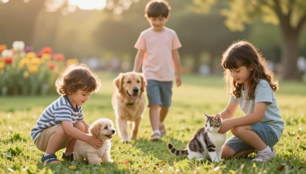 A heartwarming scene of children bonding with pets at different developmental stages, creating a tapestry of growth and connection. In the foreground, a toddler joyfully playing with a small, fluffy puppy, embodying innocence and curiosity. Beside them, a young child around six years old gently holding a kitten, displaying a sense of responsibility and care. In the middle ground, an eight-year-old child walks a medium-sized dog, showing teamwork and companionship. The background features a serene park setting with soft green grass and colorful flowers under warm, golden hour lighting, casting a gentle glow. The atmosphere is filled with joy and warmth, reflecting a nurturing bond between children and their pets, captured with a soft focus lens for a dreamy effect.