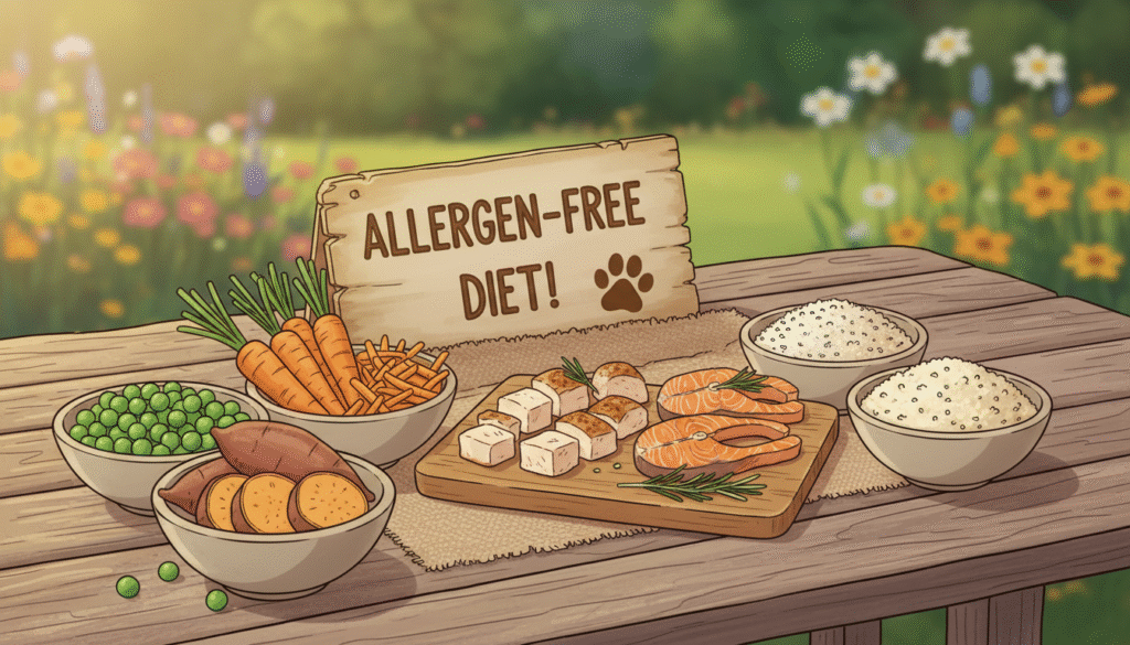 A vibrant, informative display of allergen-free canine diet ingredients arranged artistically on a rustic wooden table. In the foreground, a variety of colorful vegetables like sweet potatoes, carrots, and peas, alongside grains such as quinoa and rice, are grouped together in small, rustic bowls. The middle ground features a selection of lean proteins, including chicken and fish, neatly presented on a cutting board. In the background, a blurred garden scene provides a fresh, natural ambiance. Soft, natural lighting filters in, highlighting the textures and colors of the ingredients, evoking a wholesome and healthy atmosphere. The angle is slightly overhead, creating a comprehensive view while maintaining an inviting, home-cooked feel. A vibrant, informative display of allergen-free canine diet ingredients arranged artistically on a rustic wooden table. In the foreground, a variety of colorful vegetables like sweet potatoes, carrots, and peas, alongside grains such as quinoa and rice, are grouped together in small, rustic bowls. The middle ground features a selection of lean proteins, including chicken and fish, neatly presented on a cutting board. In the background, a blurred garden scene provides a fresh, natural ambiance. Soft, natural lighting filters in, highlighting the textures and colors of the ingredients, evoking a wholesome and healthy atmosphere. The angle is slightly overhead, creating a comprehensive view while maintaining an inviting, home-cooked feel.