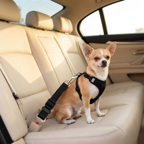 Compact cloth dog seat belt tether stored in car – lightweight portable pet travel safety accessory