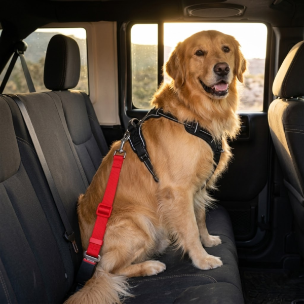 Golden Retriever safely buckled in car back seat using adjustable red dog seat belt tether