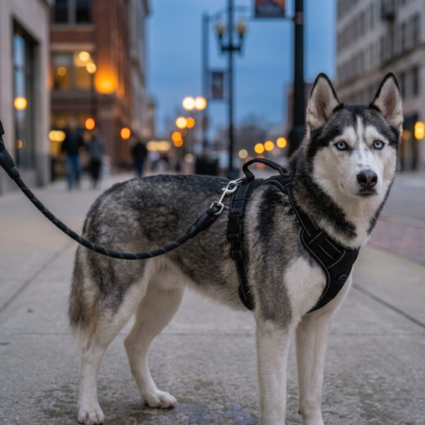 No-pull step-in dog harness in black with top grab handle — designed for Labrador, Husky, and large breeds