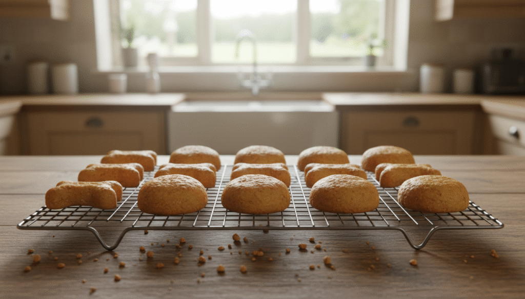 Homemade peanut butter dog treats cooling on a wire baking rack, arranged neatly with a variety of shapes like bones and circles. The treats are golden brown with a slight sheen, showcasing their chewy texture. The foreground features the cooling rack, with a few crumbs scattered around. In the middle, soft natural lighting creates a warm, inviting atmosphere, highlighting the treats’ details. The background includes a cozy kitchen setting with wooden cabinets and a window letting in soft sunlight, enhancing the homey feel. Capture the scene from a slightly elevated angle to showcase the treats clearly, evoking a sense of warmth and love for pet care. Homemade peanut butter dog treats cooling on a wire baking rack, arranged neatly with a variety of shapes like bones and circles. The treats are golden brown with a slight sheen, showcasing their chewy texture. The foreground features the cooling rack, with a few crumbs scattered around. In the middle, soft natural lighting creates a warm, inviting atmosphere, highlighting the treats’ details. The background includes a cozy kitchen setting with wooden cabinets and a window letting in soft sunlight, enhancing the homey feel. Capture the scene from a slightly elevated angle to showcase the treats clearly, evoking a sense of warmth and love for pet care.