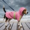 Pink waterproof dog raincoat with hood on a Beagle walking along a stormy beach boardwalk — Size 2XL, 18–28 lbs, with reflective strips and leash clipped through back traction hole