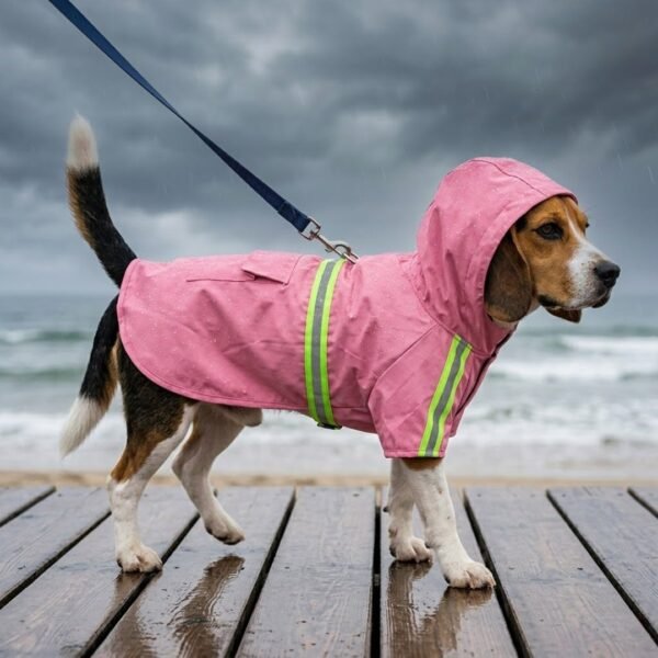 Pink waterproof dog raincoat with hood on a Beagle walking along a stormy beach boardwalk — Size 2XL, 18–28 lbs, with reflective strips and leash clipped through back traction hole