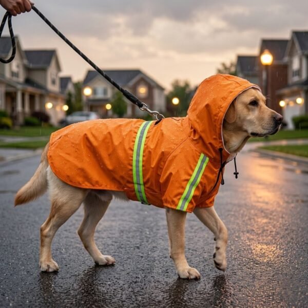 Orange waterproof dog raincoat with hood on a golden Labrador walking along a wet suburban street at dusk — Size 4XL, 48–65 lbs, reflective strips and leash through back traction hole