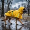 Yellow waterproof hooded dog raincoat on a large German Shepherd walking confidently through a rainy city park — Size 5XL, 65–100 lbs, reflective strips and leash clipped through back traction hole