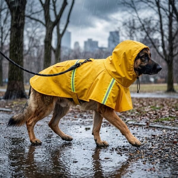Yellow waterproof hooded dog raincoat on a large German Shepherd walking confidently through a rainy city park — Size 5XL, 65–100 lbs, reflective strips and leash clipped through back traction hole