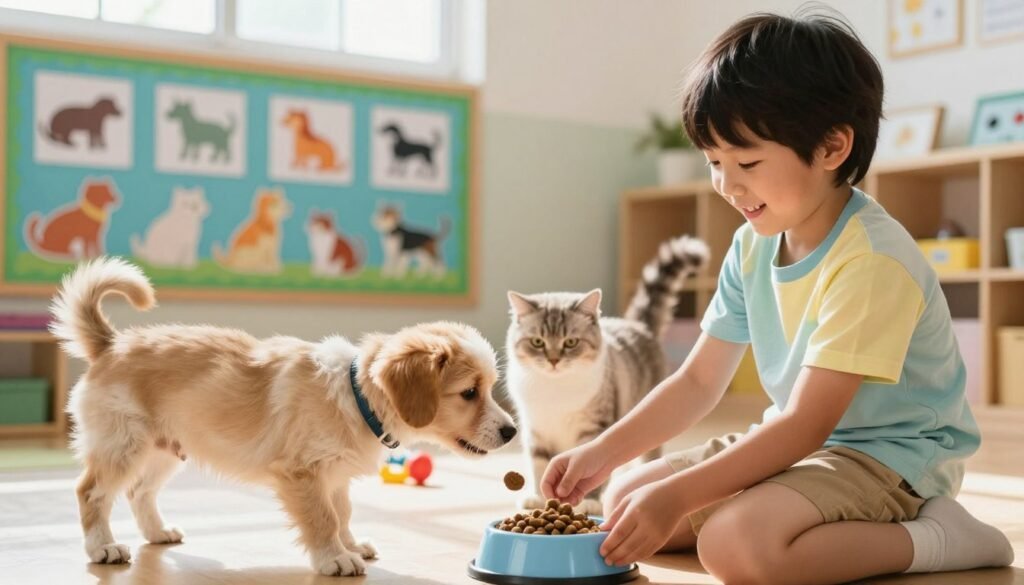 A bright and cheerful classroom scene showcasing a six-year-old child enthusiastically engaged in pet ownership tasks, such as feeding a small dog and grooming a fluffy cat. In the foreground, the child, dressed in a colorful, modest t-shirt and shorts, smiles while holding a bowl of pet food. The middle ground features a playful puppy and a content kitten, each positioned next to their respective food and toys. In the background, a colorful bulletin board displays pet care tips with vibrant illustrations of animals. Soft, natural lighting streams through the windows, creating a warm and inviting atmosphere. The angle is slightly elevated, capturing the child's interaction with the pets, emphasizing responsibility and joy as they learn about caring for animals. The overall mood is positive, reflecting the excitement and warmth of first-grade learning and nurturing pets.