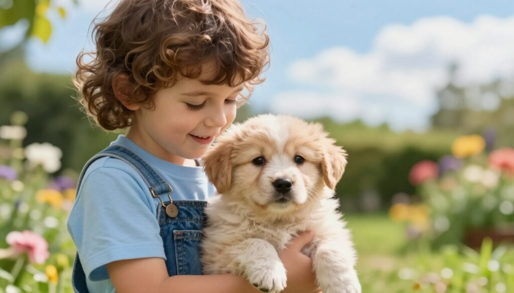 A child, around six years old, with curly brown hair, wearing a light blue shirt and denim overalls, gently cradles a small, fluffy puppy in their arms, showcasing a look of pure tenderness and joy on their face. The foreground captures the child in a close-up, with soft, affectionate expressions. In the middle ground, a garden setting blooms with colorful flowers and soft grass, creating a warm, inviting atmosphere. The background features a bright blue sky with fluffy white clouds, enhancing the uplifting mood. Soft, natural sunlight filters through the leaves, creating a serene and heartwarming ambiance, perfectly illustrating empathy and gentleness toward animals. A child, around six years old, with curly brown hair, wearing a light blue shirt and denim overalls, gently cradles a small, fluffy puppy in their arms, showcasing a look of pure tenderness and joy on their face. The foreground captures the child in a close-up, with soft, affectionate expressions. In the middle ground, a garden setting blooms with colorful flowers and soft grass, creating a warm, inviting atmosphere. The background features a bright blue sky with fluffy white clouds, enhancing the uplifting mood. Soft, natural sunlight filters through the leaves, creating a serene and heartwarming ambiance, perfectly illustrating empathy and gentleness toward animals.