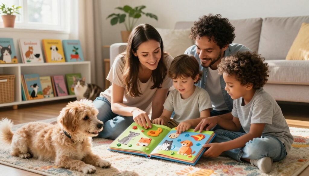 A cozy family living room scene featuring a diverse family (a mother, father, and two children) seated on a colorful rug, deeply engaged in reading an interactive pet storybook together. The book depicts various adorable animals in vibrant illustrations, with tactile features like flaps and textures for the kids to explore. The foreground has a cute, well-groomed dog lying next to them, contributing to the atmosphere of pet care education. The middle ground shows shelves filled with pet-themed books and a small, playful cat peeking out from behind them. In the background, sunlight streams through a window, casting warm, inviting light. The mood is joyful and educational, highlighting the bond between family members and their connection to pets.