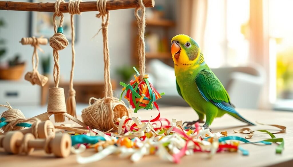 A vibrant and engaging scene showcasing DIY shredding toys for parakeets. In the foreground, a colorful assortment of handmade bird toys made from natural materials like untreated wood, soft paper strips, and organic jute twine. Some toys are hanging from a rustic wooden perch, while others lay scattered on a clean, textured surface. In the middle ground, a cheerful green and yellow parakeet is curiously pecking at a colorful paper toy, surrounded by snippets of shredded paper. The background features a soft, blurred view of a cozy room with bright natural lighting streaming in through a window, creating a warm atmosphere. The image should evoke creativity and playfulness, highlighting the joy of bird enrichment through DIY projects.