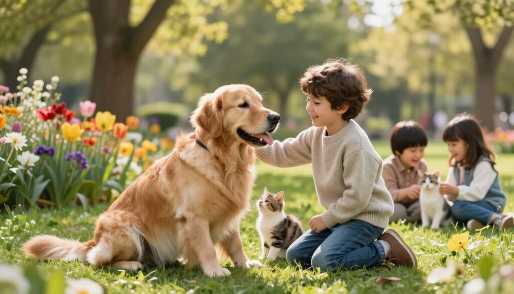 A young child, around 6 years old, kneeling on a soft, grassy patch, gently petting a friendly golden retriever. The child, wearing a cozy, modest sweater and jeans, has a warm smile, embodying joy and connection. Surrounding them are colorful, blooming flowers, symbolizing growth and empathy. In the middle ground, two playful kittens are engaging with another child on the opposite side, both laughing and learning together. The background features a serene park setting with lush trees, soft sunlight filtering through the leaves, creating a warm and inviting atmosphere. The scene is captured from a slightly elevated angle, enhancing the sense of interaction and encouragement, conveying an essence of kindness and understanding through animal engagement.