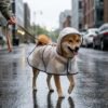 Transparent dog raincoat size 2XL on Shiba Inu — PetzVibes Size 2XL transparent dog raincoat on a Shiba Inu on leash on wet urban street, frosted TPU cape, black contrast piping, soft hood
