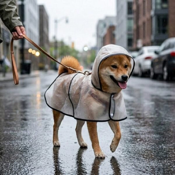 Transparent dog raincoat size 2XL on Shiba Inu — PetzVibes Size 2XL transparent dog raincoat on a Shiba Inu on leash on wet urban street, frosted TPU cape, black contrast piping, soft hood