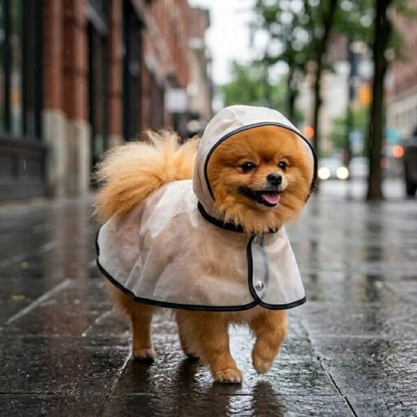 Transparent dog raincoat size M on Pomeranian — PetzVibes Size M transparent dog raincoat on a Pomeranian on leash in the rain, frosted TPU cape with black piping trim, soft hood