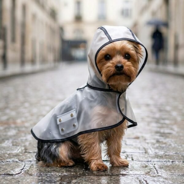 Transparent dog raincoat size S on Yorkshire Terrier — PetzVibes Size S transparent dog raincoat on a Yorkshire Terrier walking in the rain, black piping trim, frosted TPU cape, soft hood