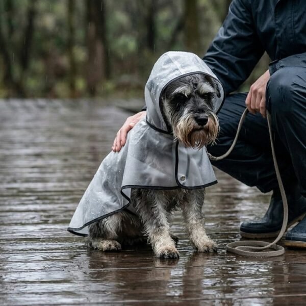 Transparent dog raincoat size XL on Miniature Schnauzer — PetzVibes Size XL transparent dog raincoat on a Miniature Schnauzer on leash on wet boardwalk, frosted TPU cape with black piping, soft hood
