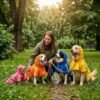 Dog raincoat with hood Woman in a park with four dogs wearing PetzVibes waterproof hooded dog raincoats in pink, orange, blue and yellow — all sizes available, with reflective strips and leash hole