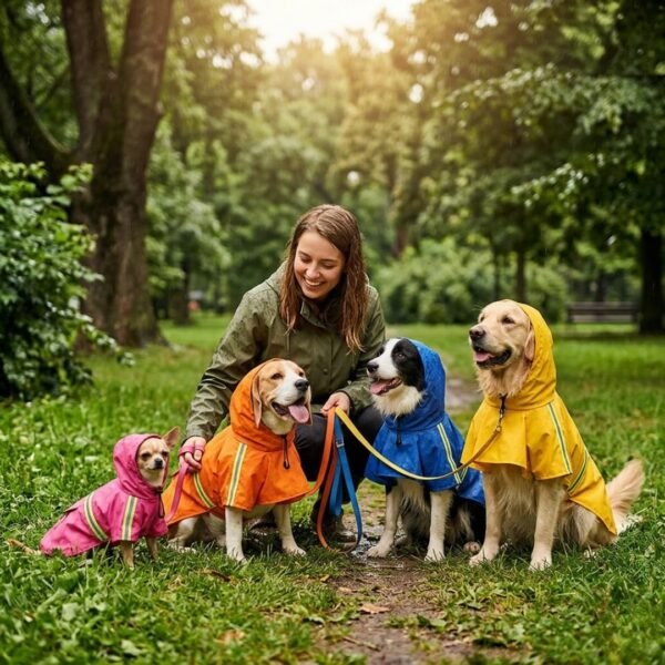 Dog raincoat with hood Woman in a park with four dogs wearing PetzVibes waterproof hooded dog raincoats in pink, orange, blue and yellow — all sizes available, with reflective strips and leash hole