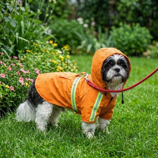 Orange waterproof dog raincoat with adjustable hood on a Shih Tzu standing in a rainy garden — Size L, 6–10 lbs, with green reflective strips and back leash hole
