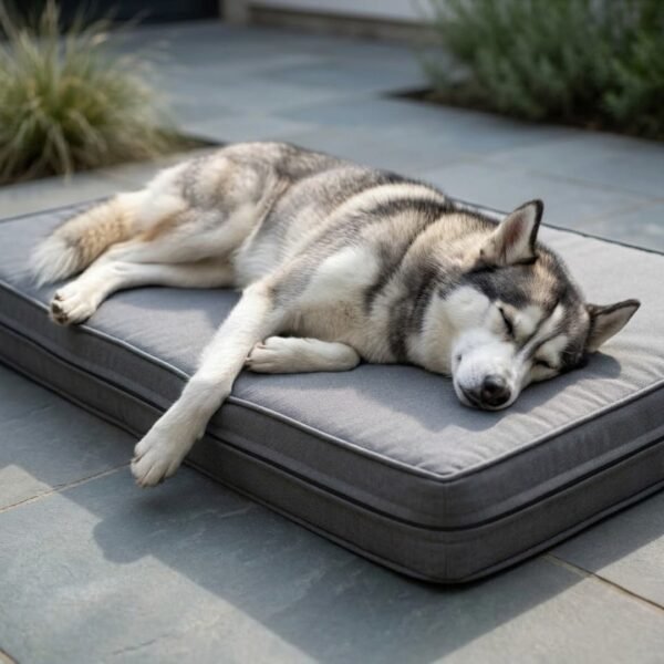 Siberian Husky sleeping on gray orthopedic crate dog bed