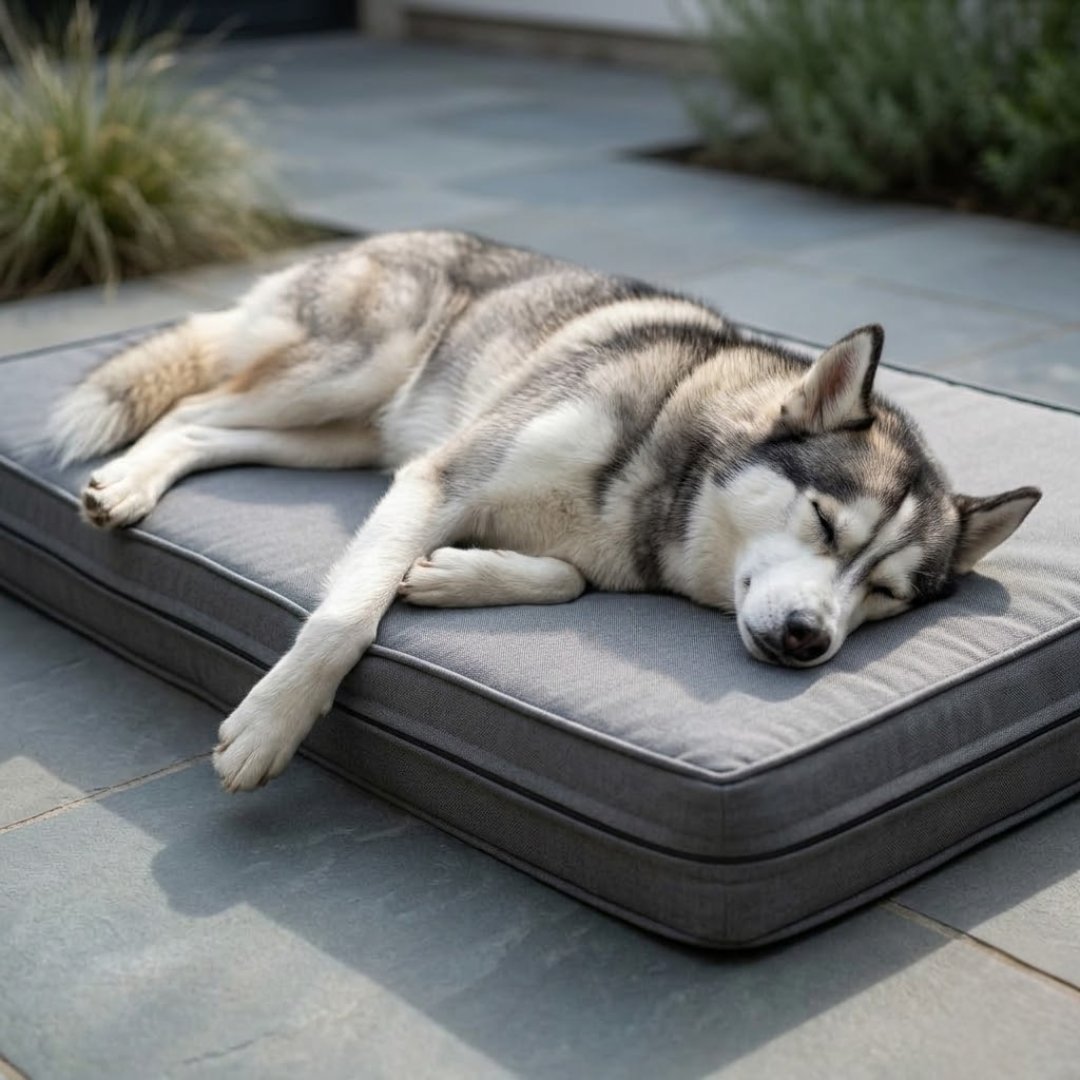 Siberian Husky sleeping on gray orthopedic crate dog bed