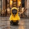 Yellow waterproof hooded dog raincoat on a French Bulldog sitting outside a cafe on a wet sidewalk — Size XL, 10–18 lbs, reflective strips and leash attached through back hole