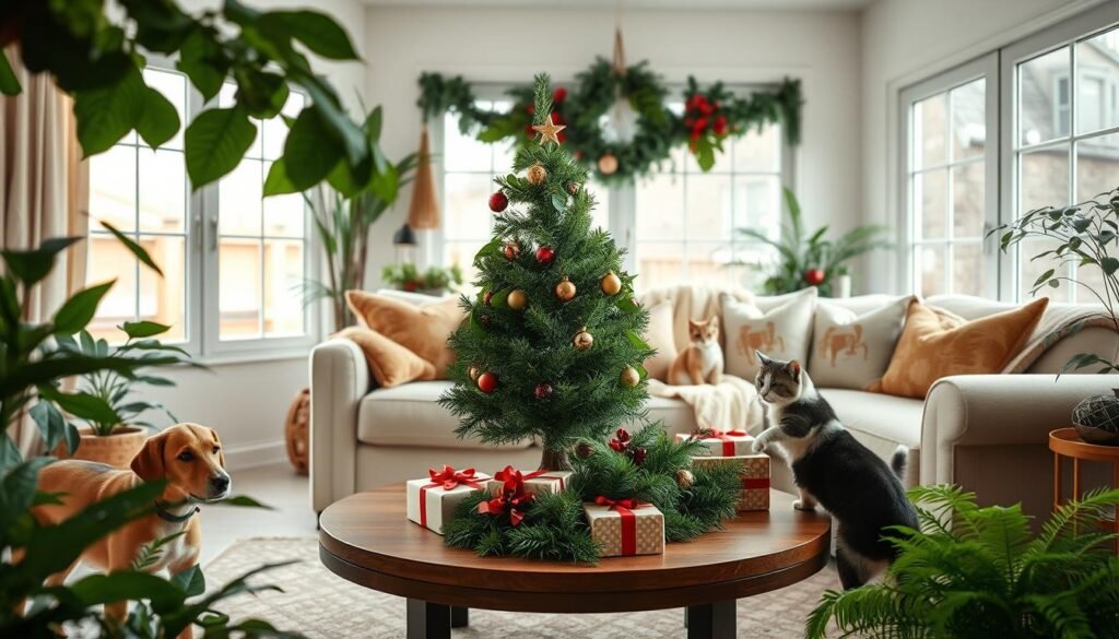 A cozy living room adorned with safe holiday decor, featuring a playful dog and a curious cat among lush, non-toxic plants like spider plants and Boston ferns. In the foreground, a round coffee table is beautifully set with a festive arrangement of holly and a small Christmas tree, surrounded by wrapped gifts. The middle ground includes a soft, inviting couch draped with a warm blanket and holiday-themed cushions. In the background, large windows let in soft, natural light, creating a warm, inviting atmosphere. The scene exudes a sense of joy and safety for pets, emphasizing a tranquil holiday environment. The angle is slightly elevated, giving a clear view of both pets and decor, highlighting the harmony between festive decorations and pet presence.