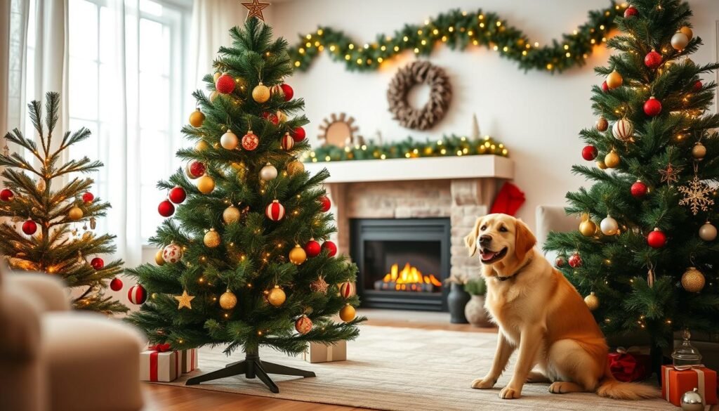 A cozy living room setting adorned with pet-safe artificial Christmas trees, beautifully decorated with non-toxic ornaments and soft twinkling lights. In the foreground, a lush green artificial tree stands, its branches filled with colorful, plush ornaments and a shining star atop. A cheerful golden retriever is playfully sitting beside the tree, slightly curious but relaxed, not tempted to jump on it. In the middle ground, a cozy fireplace adds warmth, flickering flames casting a gentle glow throughout the room. The background features festive garlands, with soft white curtains letting in natural light, creating a bright and inviting atmosphere. The overall mood is joyful and safe, perfectly capturing the essence of holiday spirit while ensuring the safety of furry companions.