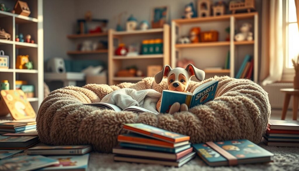A cozy, inviting scene featuring a child nestled in a plush, oversized dog bed, surrounded by colorful storybooks. The child, wearing a soft, casual sweater, is intently reading aloud to an adorable, cartoonish puppy with big, floppy ears, peacefully lounging beside them. In the foreground, the dog bed has a textured, fluffy surface, surrounded by scattered storybooks with whimsical covers. The middle ground showcases a warm, softly-lit room with shelves filled with toys and more books, creating a nurturing atmosphere. In the background, a window allows gentle sunlight to filter in, casting a warm golden glow throughout the room. The overall mood is heartwarming and cozy, evoking the comfort of storytelling and companionship.