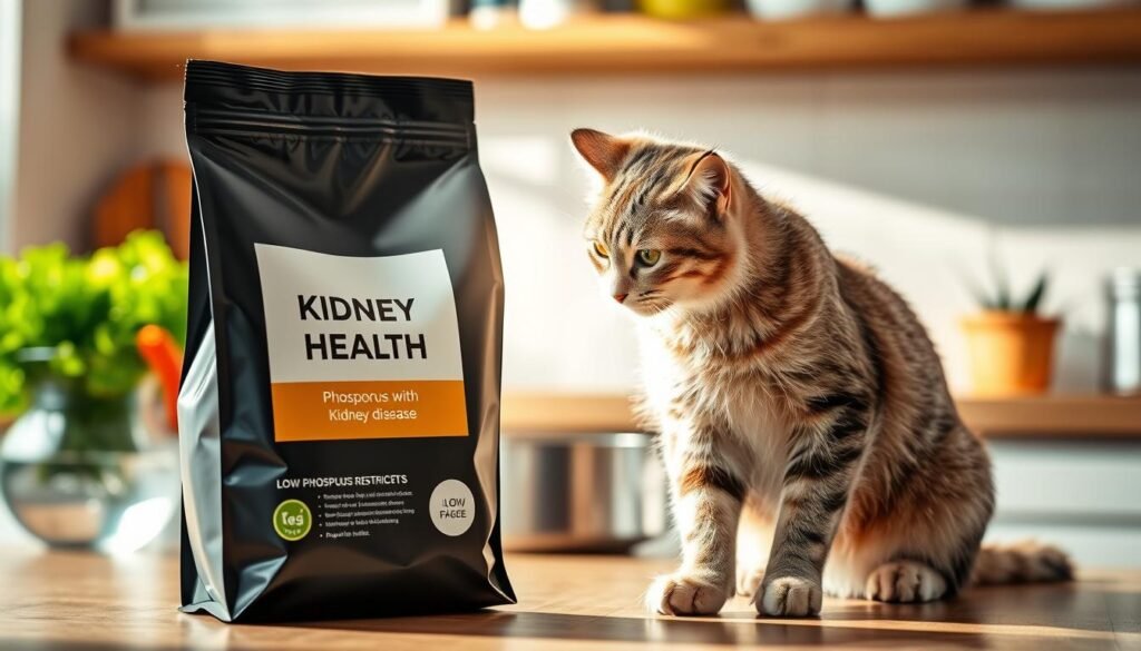 A visually appealing packaging design for phosphorus-restricted cat food aimed at cats with kidney disease. In the foreground, display a bag of cat food, featuring a sleek, modern design with a prominent label indicating "Kidney Health" and low phosphorus content. The middle ground includes a playful, healthy cat sniffing the bag, with its fur glistening in natural sunlight, symbolizing vitality. The background features soft, blurred images of a cozy kitchen setup with fresh vegetables and a water bowl, creating a homely atmosphere. The lighting is warm and inviting, emphasizing the food's wholesome ingredients. Capture the essence of caring pet ownership and the importance of dietary choices for feline health.