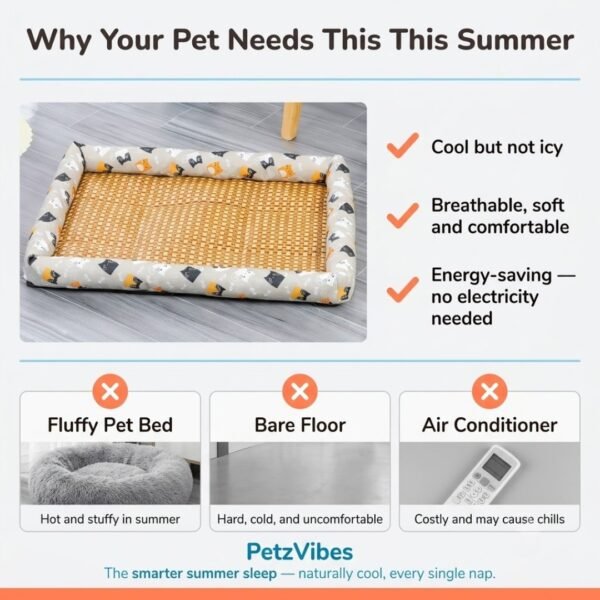 petzvibes-bamboo-rattan-cooling-pet-mat-summer-benefits-comparison-grey-cat-print.jpg Why your pet needs the PetzVibes Bamboo Rattan Summer Cooling Pet Mat — benefit comparison graphic showing cool, breathable, energy-saving advantages over fluffy beds, bare floors, and air conditioning