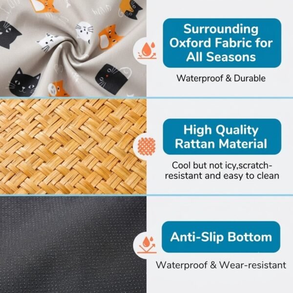 petzvibes-bamboo-rattan-cooling-pet-mat-materials-features-grey-cat-print.jpg PetzVibes Bamboo Rattan Summer Cooling Pet Mat material breakdown showing waterproof Oxford fabric border, natural rattan weave surface, and anti-slip base