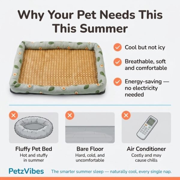 petzvibes-natural-rattan-cooling-pet-bed-mat-avocado-print-summer-benefits-comparison.jpg Why your pet needs the PetzVibes Natural Rattan Cooling Pet Bed Mat in Avocado Print — summer benefit comparison graphic showing breathable natural cooling advantages over fluffy pet beds, bare floors, and air conditioning