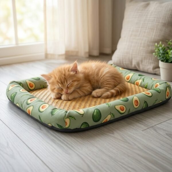 petzvibes-natural-rattan-cooling-pet-bed-mat-size-s-kitten-avocado-print-lifestyle.jpg Tiny ginger kitten sleeping on the PetzVibes Size S Natural Rattan Cooling Pet Bed Mat in Avocado Print on light hardwood floor in a bright home interior