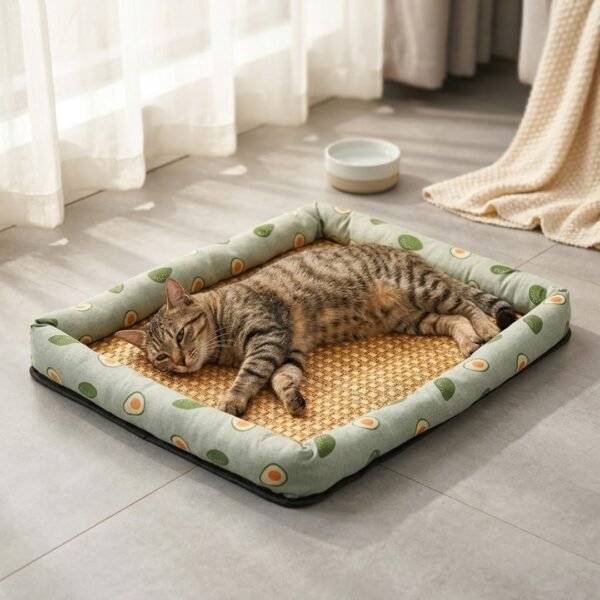 petzvibes-natural-rattan-cooling-pet-bed-mat-size-m-cat-avocado-print-lifestyle.jpg Adult tabby cat stretched out lazily on the PetzVibes Size M Natural Rattan Cooling Pet Bed Mat in Avocado Print on ceramic tile floor in a modern apartment