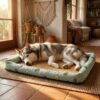petzvibes-natural-rattan-cooling-pet-bed-mat-size-xl-husky-avocado-print-lifestyle.jpg Siberian Husky lying on its side in a sun-drenched Bohemian living room on the PetzVibes Size XL Natural Rattan Cooling Pet Bed Mat in Avocado Print