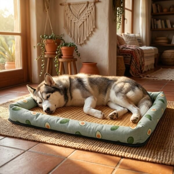 petzvibes-natural-rattan-cooling-pet-bed-mat-size-xl-husky-avocado-print-lifestyle.jpg Siberian Husky lying on its side in a sun-drenched Bohemian living room on the PetzVibes Size XL Natural Rattan Cooling Pet Bed Mat in Avocado Print