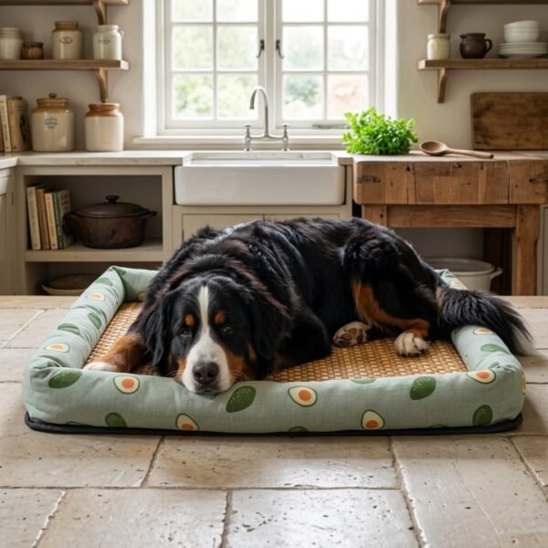 petzvibes-natural-rattan-cooling-pet-bed-mat-size-xxl-bernese-mountain-dog-avocado-print-lifestyle.jpg PetzVibes Natural Rattan Cooling Pet Bed Mat for Dogs and Cats – Breathable Summer Ice Pad with Anti-Slip Base | Avocado Print