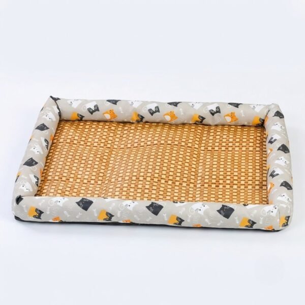 petzvibes-bamboo-rattan-cooling-pet-mat-grey-cat-print-studio.jpg PetzVibes Bamboo Rattan Summer Cooling Pet Mat for cats and dogs in Grey Cat Print design — studio product photo showing natural golden-honey woven rattan center and padded Oxford fabric border
