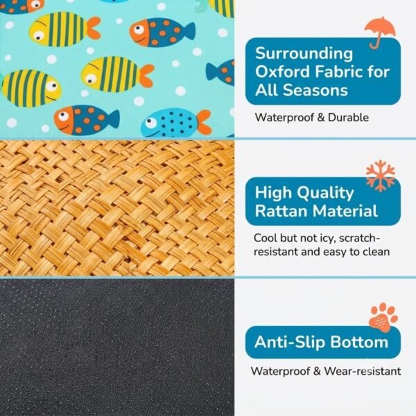 PetzVibes Breathable Rattan Pet Cooling Mat Tropical Fish Print material breakdown showing waterproof aqua Oxford fabric border, natural golden-honey rattan weave surface, and dark charcoal anti-slip base