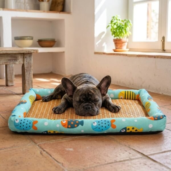 French Bulldog puppy flopped flat on its belly on the PetzVibes Size M Breathable Rattan Pet Cooling Mat in Tropical Fish Print on cool terracotta tiles in a sunny Mediterranean-style kitchen