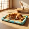 Shiba Inu dog lying on its side in a modern Japanese-inspired living room on the PetzVibes Size L Breathable Rattan Pet Cooling Mat in Tropical Fish Print at golden hour